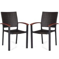 2 pcs Patio Dining Armchair Stackable Rattan Wicker Chairs