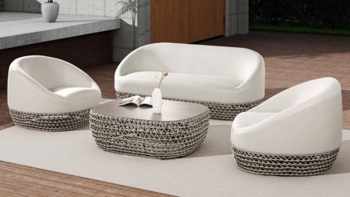 Willow 40.5" Oval Woven Patio Coffee Table, Light Beige Olefin