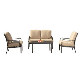 Outdoor 4 pcs Patio Conversation Set, Metal Dining Table and Chairs Dining Set with Removable Beige Cushions for Garden Lawn Yard