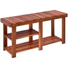 3-Tier Shoe Storage Bench, Acacia Wood, Teak Finish, For Hallway, Shoe, Boot Organizer (Color: brown)