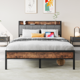 Full Size Bed Frame, Storage Headboard With Charging Station, Solid And Stable, Noise Free, No Box Spring Needed, Easy Assembly,Vintage Brown And Gray (Color: Black)