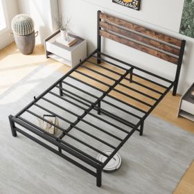 Full Size Platform Bed Frame With Rustic Vintage Wood Headboard, Strong Metal Slats Support Mattress Foundation, No Box Spring Needed Rustic Brown (Color: Black)