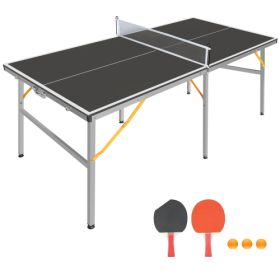 6ft Black Mid-Size Table Tennis Table Foldable & Portable Ping Pong Table Set For Indoor & Outdoor Games With Net, 2 Table Tennis Paddles And 3 Balls (Color: Black)
