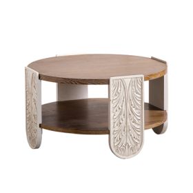 Carved Wooden Coffee Table, Retro End Table With Double-Layer Storage, Small Side Table For Living Room, Palace Style Bedside Table For Small Spaces (Option: Natural Wood)