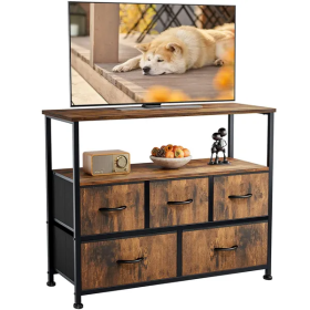 Dresser For Bedroom, Chest Of Drawers, 5 Drawer Dresser, Closet Fabric Dresser With Metal Frame Tv Stand (Color: brown)