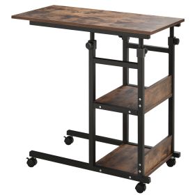 Mobile Nightstand Adjustable 3-Tier C-Shaped Side Table With Casters (Color: brown)