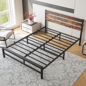Queen Size Platform Bed Frame With Rustic Vintage Wood Headboard, Strong Metal Slats Support Mattress Foundation, No Box Spring Needed Rustic Brown (Color: Black)