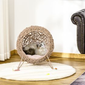 20.5 Weaved Cat Bed Hand-Woven Braided Banana Leaf Kitten House Condo With Cushion Natural (Color: brown)