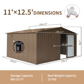 Storage Shed 11 X 12.5  With Galvanized Steel Frame & Windows, Outdoor Garden Shed Metal Utility Tool Storage Room With Lockable Door For Patio Brown (Color: brown)