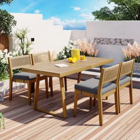 U_Style Multi-person Outdoor Acacia Wood Dining Table and Chair Set, Thick Cushions, Suitable for Balcony, Vourtyard, and Garden. (Color: as Pic)