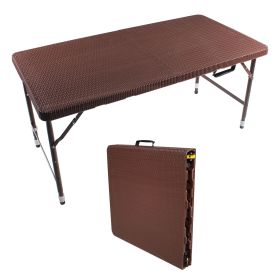 4ft Rattan Folding Table for Indoor&Outdoor, Portable Foldable Table Rattan Plaited Brown (Color: as Pic)