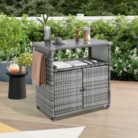 Outdoor Wicker Bar Cart, Patio Wine Serving Cart w/Wheels (Color: as Pic)