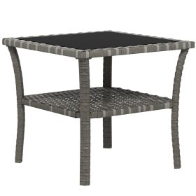 Outsunny Rattan Side Table, Outdoor End Table with Storage Shelf, Aluminum Frame Square, Coffee Table with Tempered Glass Top, Mixed Gray (Color: as Pic)