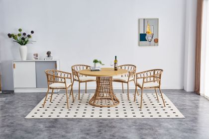 Outdoor dining simple bamboo chair table , PE ratten round table 110CM plastic wood top (Color: as Pic)