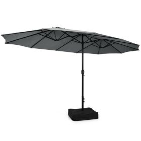 15 Feet Double-Sided Twin Patio Umbrella with Crank and Base (Color: gray)