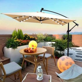 Square 2.5X2.5M Outdoor Patio Umbrella Solar Powered LED Lighted Sun Shade Market Waterproof 8 Ribs Umbrella with Crank and Cross Base for Garden (Color: as Pic)