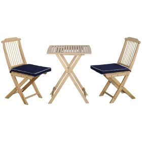 3 Pieces Patio Folding Bistro Set, Outdoor Pine Wood Table and Chairs Set with Tie-on Cushion & Square Coffee Table, Great for Indoor, Poolside (Color: as Pic)
