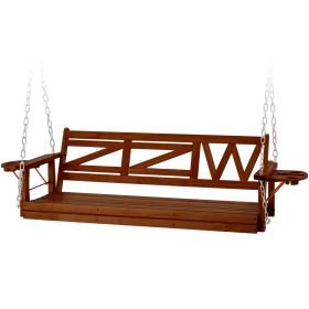 Wooden Outdoor Porch Swing With 3-seat (Color: brown)