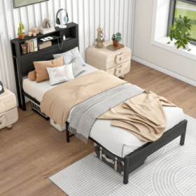 Twin Size Bed Frame With Storage Headboard, Metal Platform Bed With Charging Station, Bookcase Storage, No Box Spring Needed, Easy Assembly, Black (Color: Black)